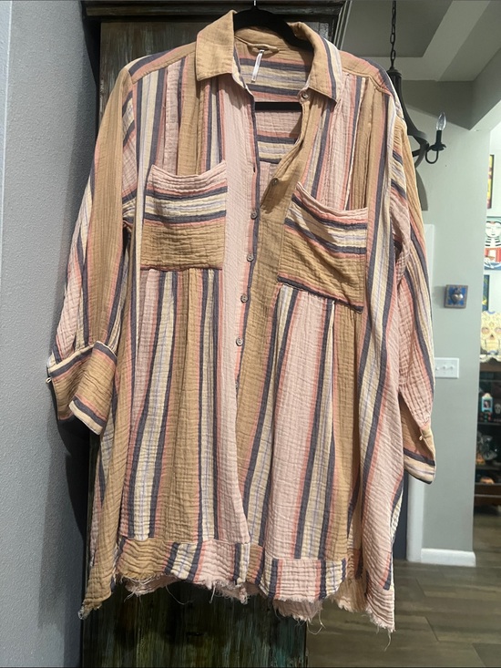 Free People Dresses & Skirts - Striped Lightweight Button-Up Mini Dress - Peach Multi , Free People